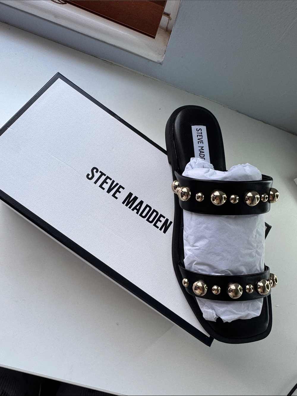 Steve Madden Black Studded Double-Strap Slide Sandals